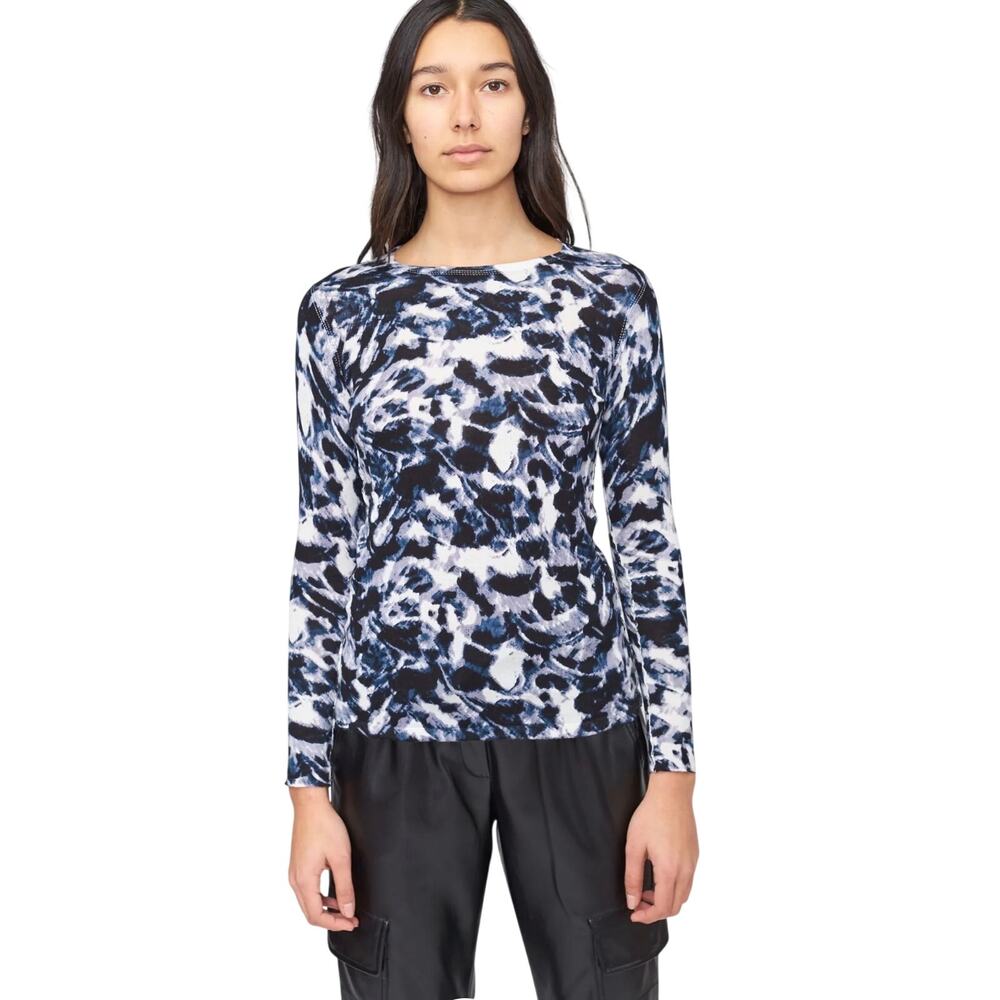 Kokun Blue Abstract Print Watercolor Luxury Bamboo Cashmere Knit Top, Women's XL